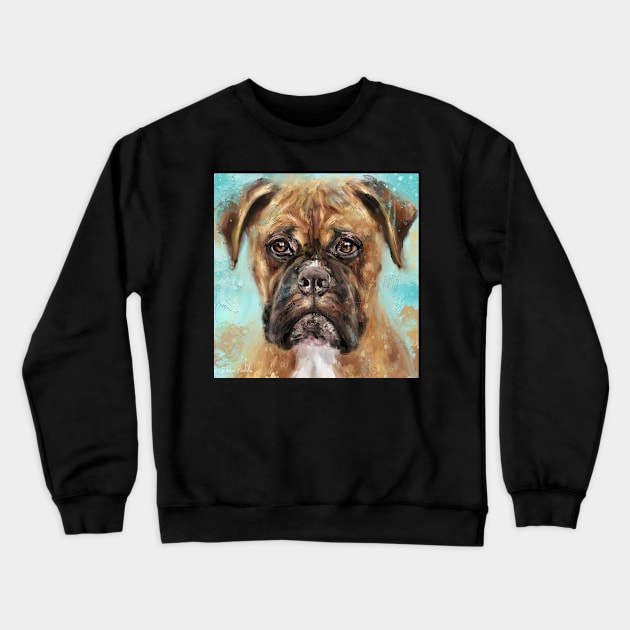 Expressive Painting of a Brown Coated Boxer Dog on Light Blue Background Crewneck Sweatshirt by ibadishi